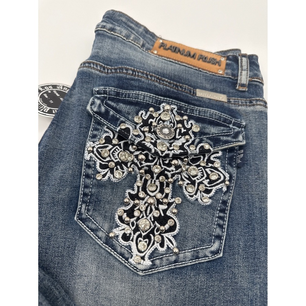 Platinum Plush Junior 4034 Rhinestone Cross Bootcut Jeans Blue Denim NWT Y2K